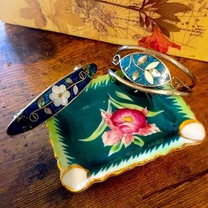 Alpaca Silver Blue Flower Inlay Cuff Bracelet w/ Blue Flower Inlay Hair Barrette